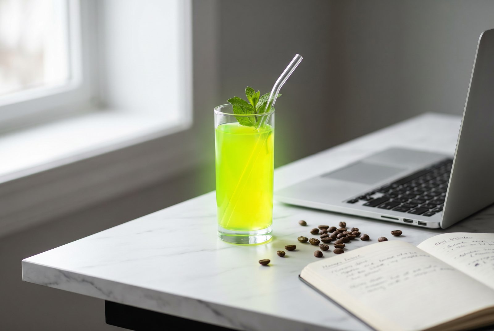 A brightly colored energy drink on a cluttered desk next to an open laptop, late afternoon light