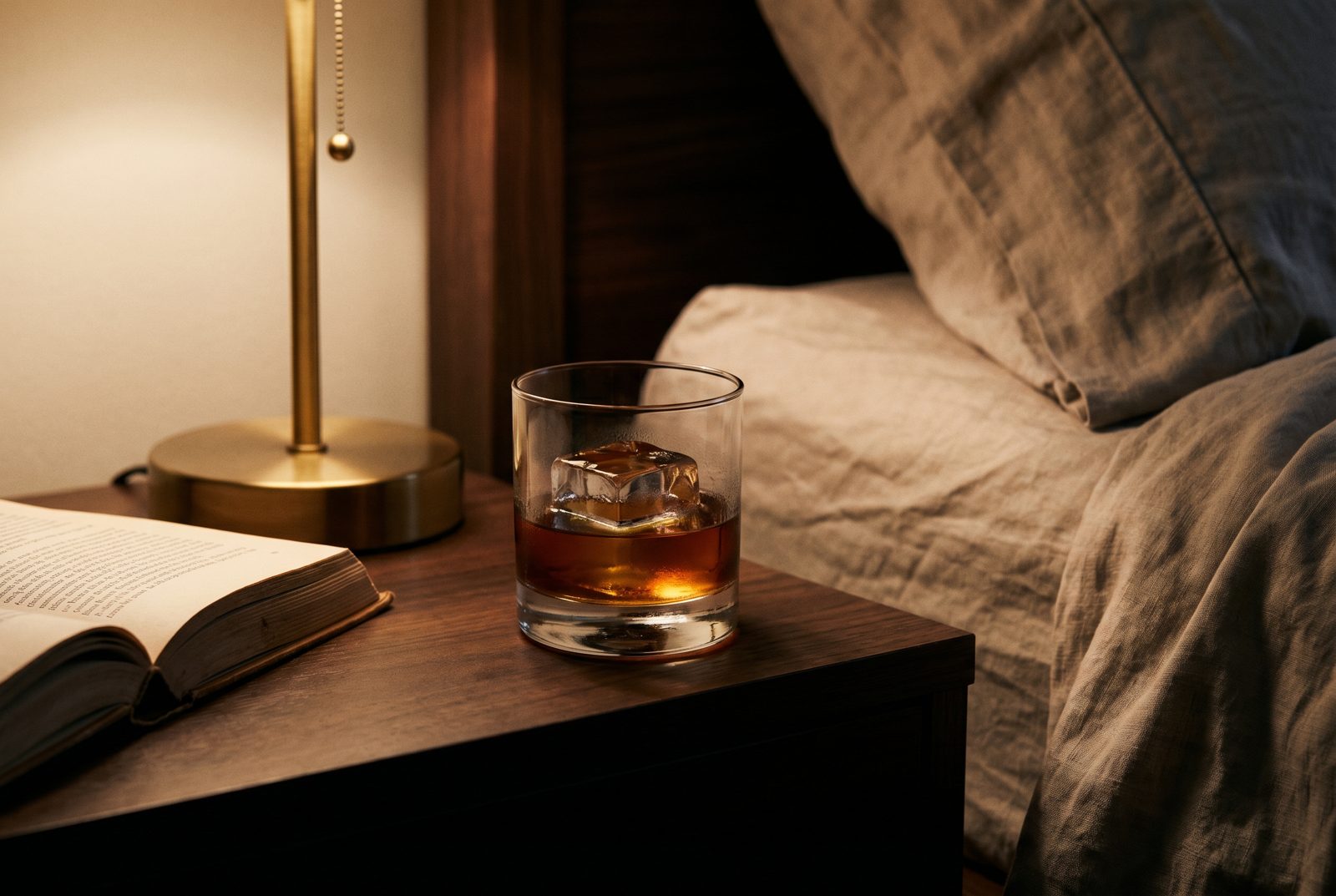 A glass of amber liquor on a nightstand in low, warm lighting