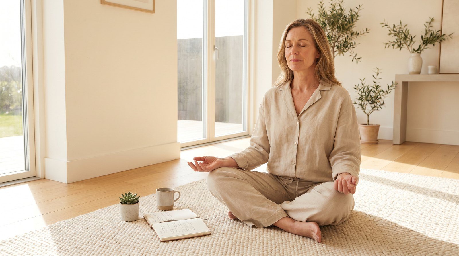 A woman sitting on her bed, eyes closed, wearing a slim headband, soft lamp light